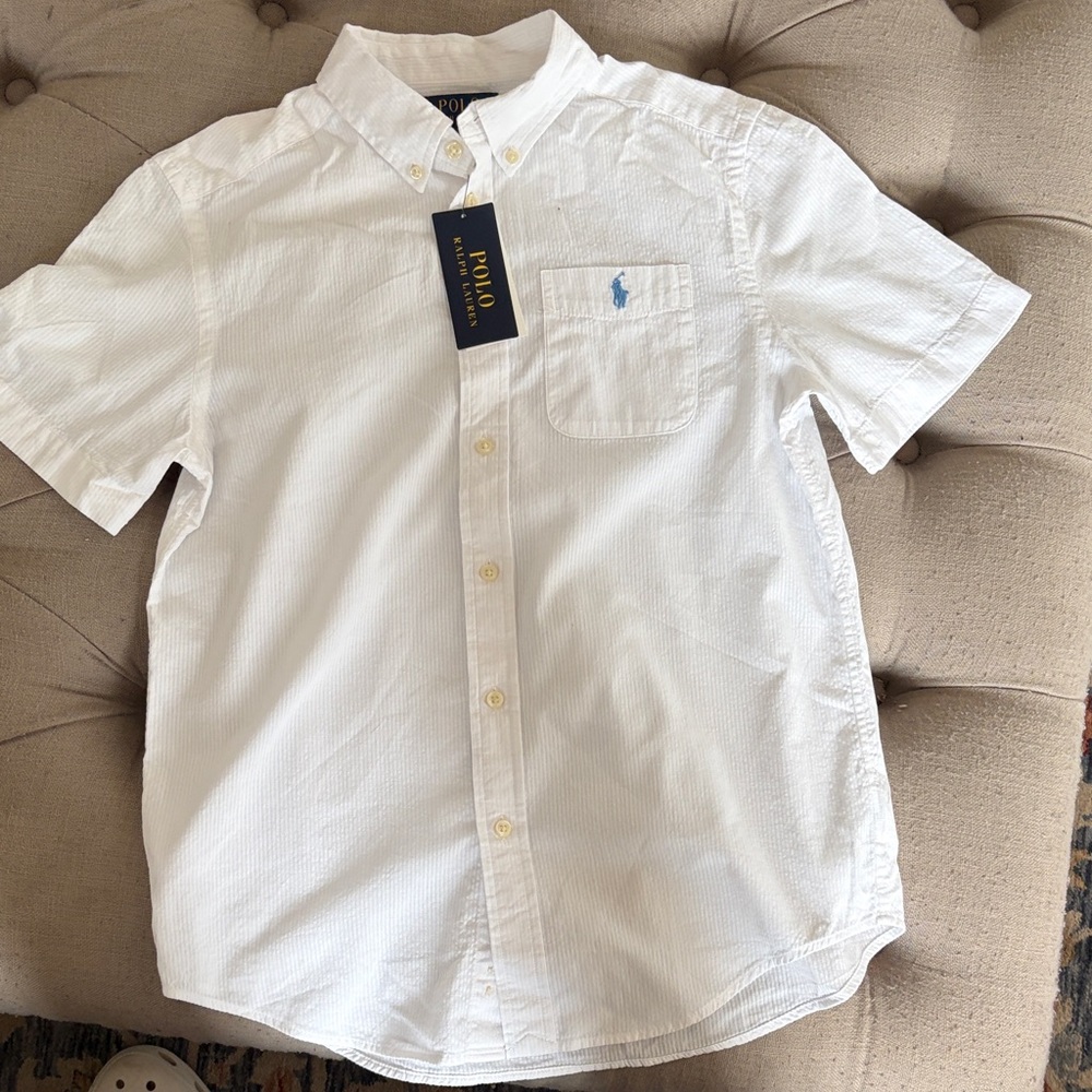 NWT Boys size L (14-16) white Ralph Lauren seersucker short sleeve shirt.